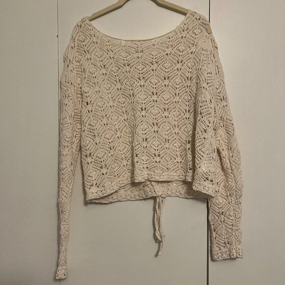 American Eagle Crochet Tie-Back Sweater, Cropped, Cream, Size L - Picture 7 of 8